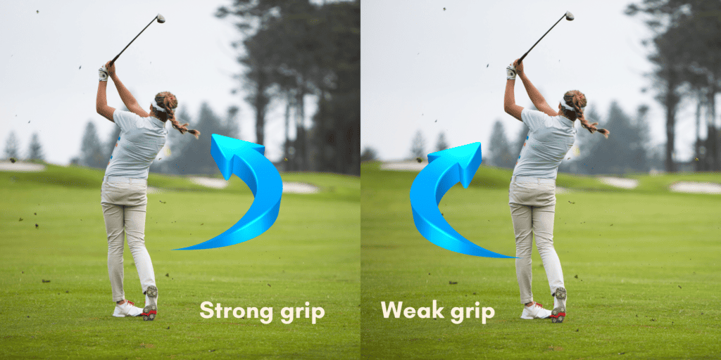 A comparison image of a golfer's hand with a strong vs weak golf grip, showcasing the impact on ball flight