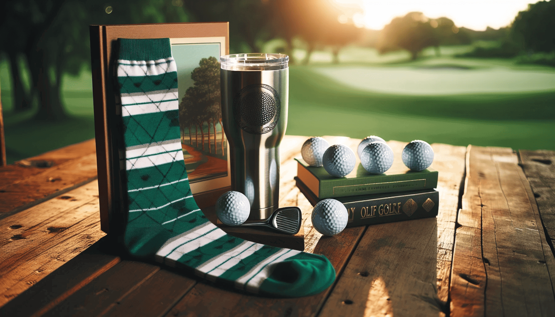 Leisurely golf-themed gift options such as golf-themed socks and tumblers