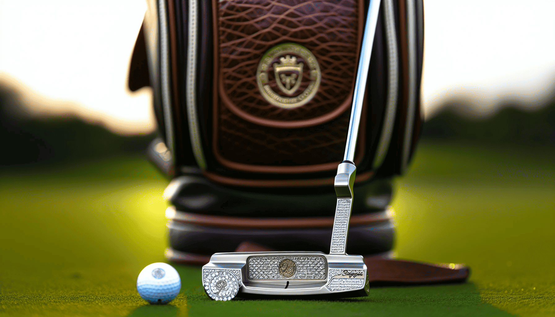 An elegant putter and golf ball marker on a luxurious golf bag