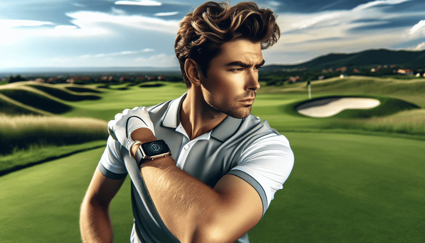 A golfer wearing a smartwatch while playing golf