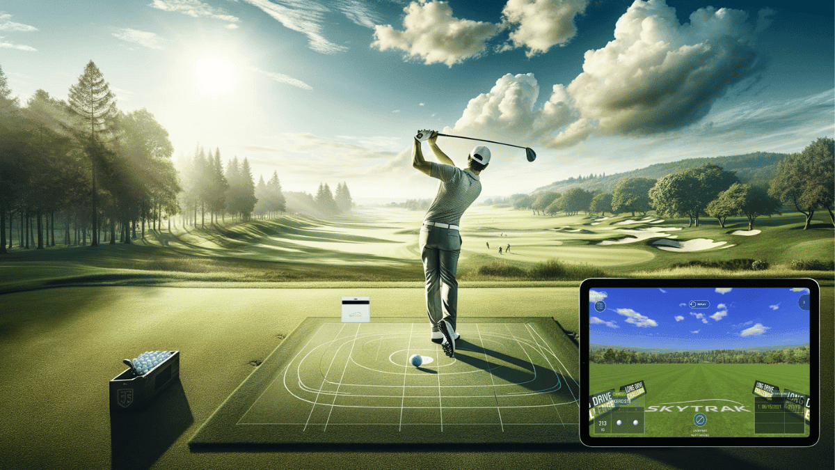 A golfer with perfect form swings their club towards a sleek, black SkyTrak Plus. The ball is mid-flight, frozen in time, with the SkyTrak Plus accurately tracking its trajectory. In the background, a sunny blue sky shines down on the