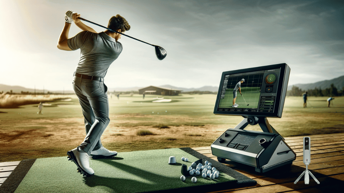 A photo of a golfer using the Rapsodo MLM 2 Pro during a practice session, ideally showing the device in the background and the golfer in mid-swing