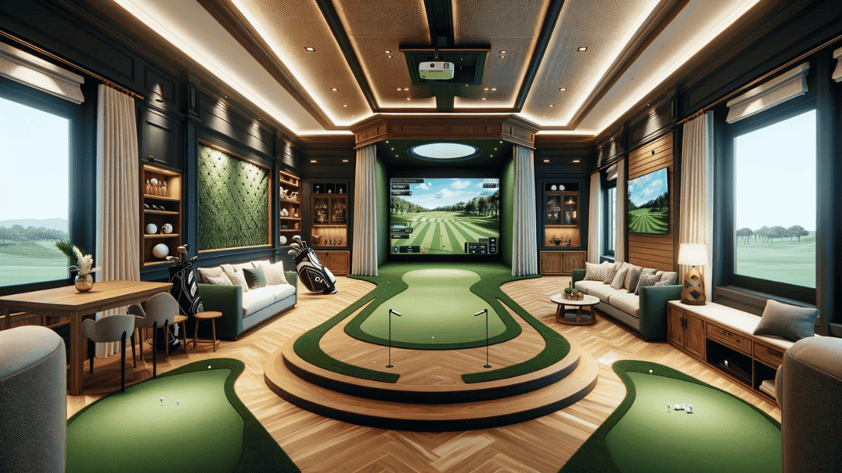 Golf simulator man cave with putting green