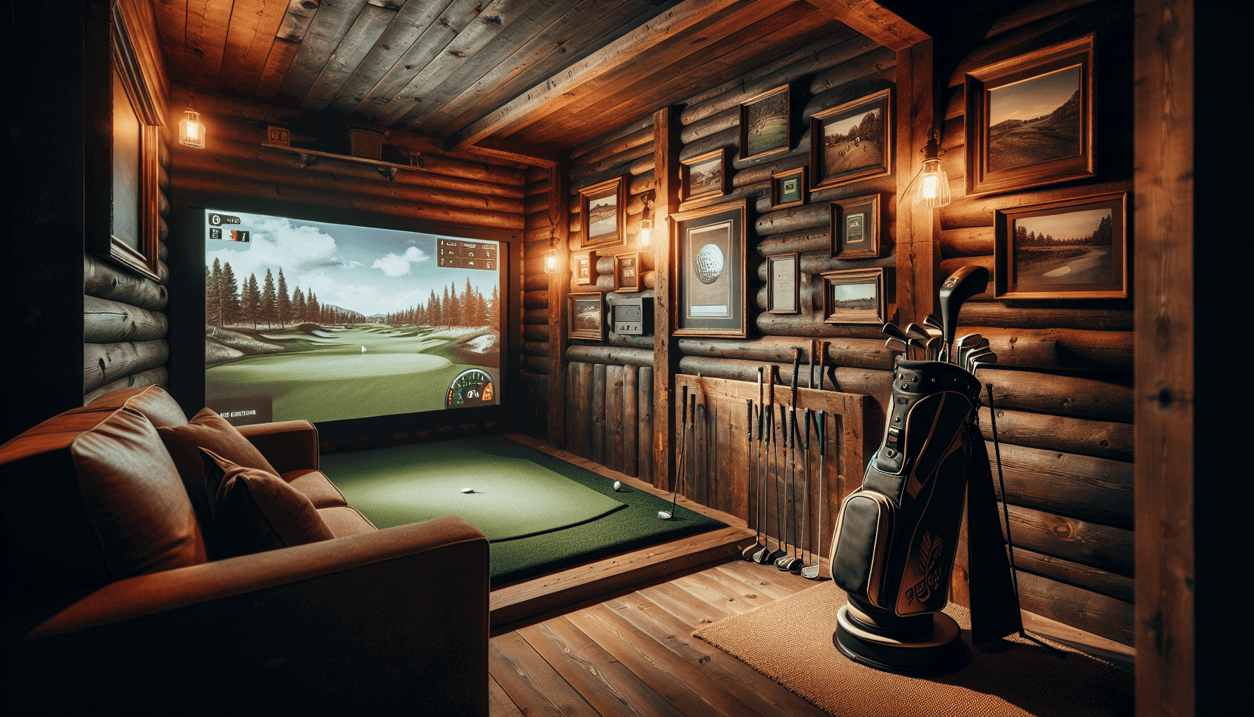 Cozy ambiance in golf simulator man cave