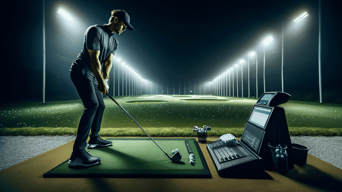 Golfer at night hitting balls on the range